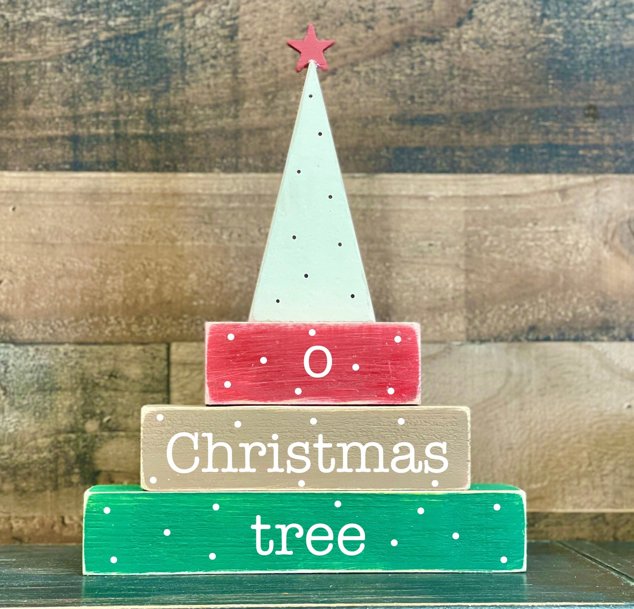 Christmas block set, Christmas decor, Wooden tree, O Christmas tree blocks, Tiered tray. Red and green