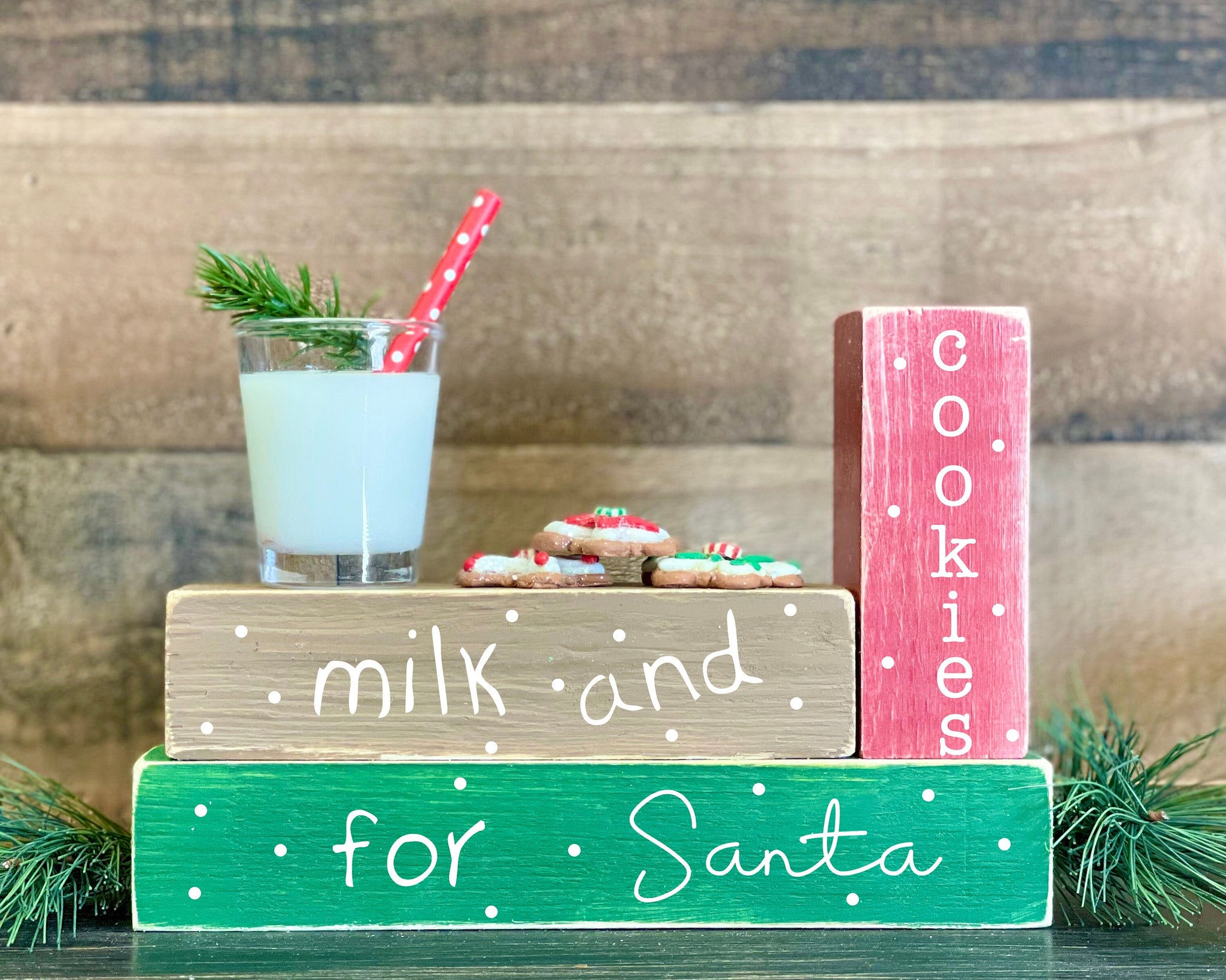 Christmas decor, Holiday tiered tray, Milk and cookies for Santa, Wood blocks, Teacher gift, Red and green