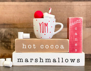 Hot cocoa bar, Christmas decor, Holiday tiered tray, Mini mug, Marshmallows, Candy canes, Wood blocks, Teacher gift