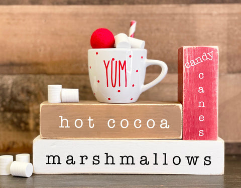Hot cocoa bar, Christmas decor, Holiday tiered tray, Mini mug, Marshmallows, Candy canes, Wood blocks, Teacher gift