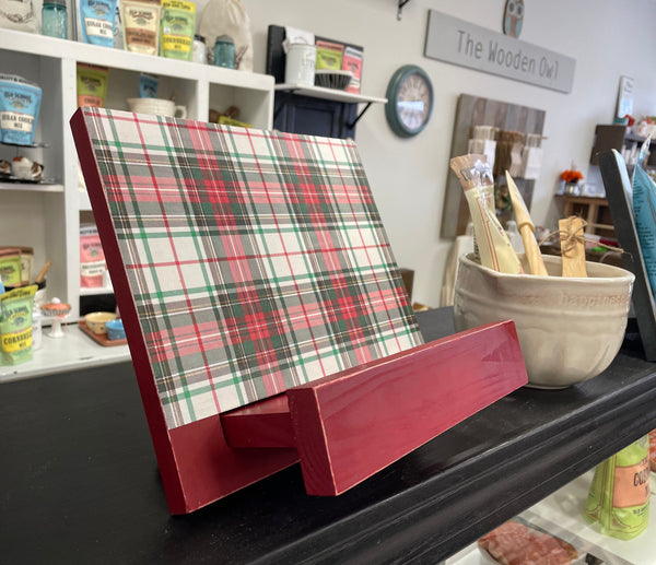 Plaid wood cookbook stand, recipe holder for counter, Christmas decor, Adjustable, iPad, Tablet, Kitchen decor