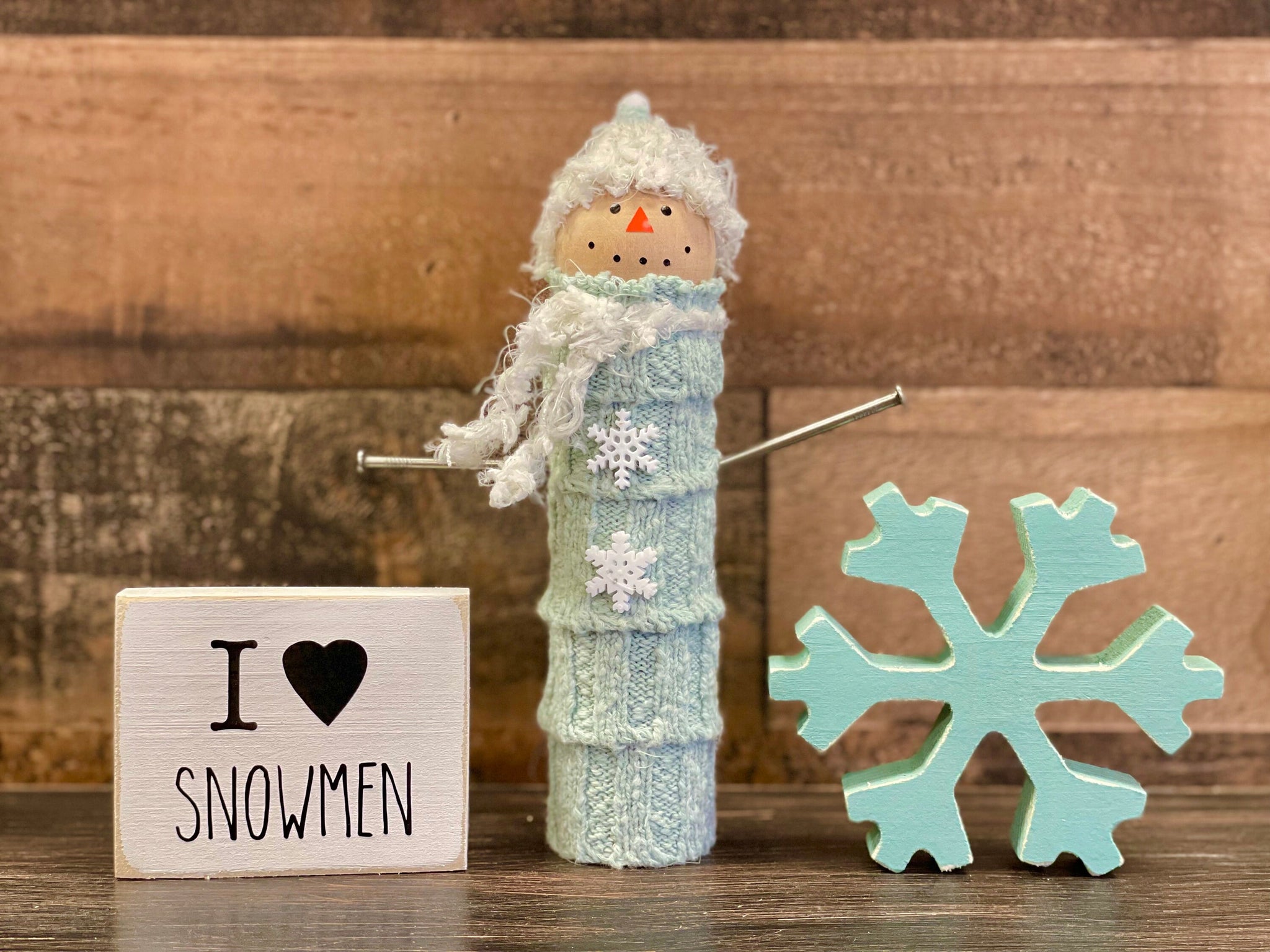 Snowman collector, Wood snowman, Winter decor for tiered tray, Wooden snowflake, Sweater snowman, I love snowmen sign