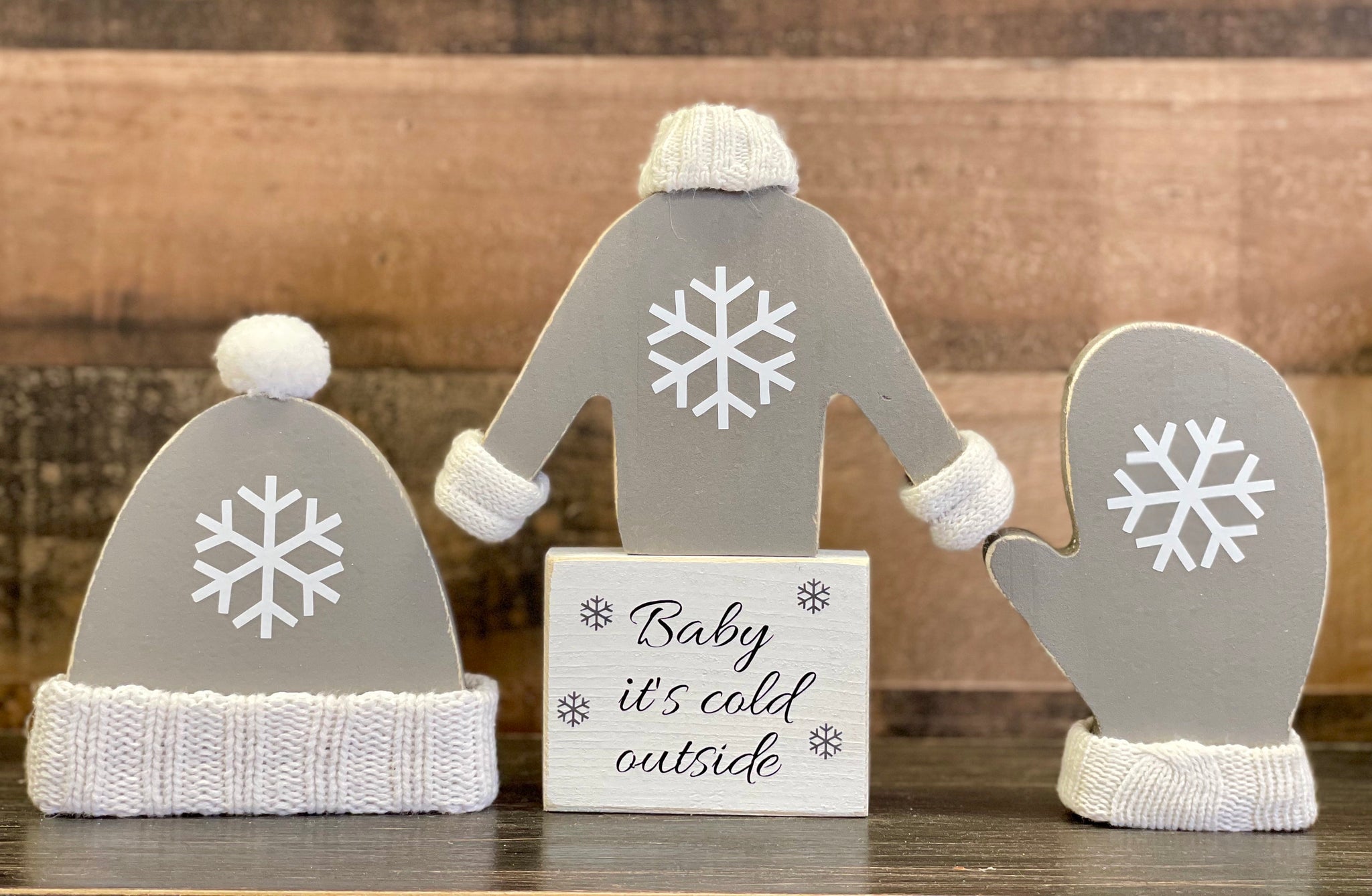 Winter decor, Tiered tray, Snowflake sweater, Wooden winter hat, Mitten, Wood snowflake, Baby it's cold outside sign