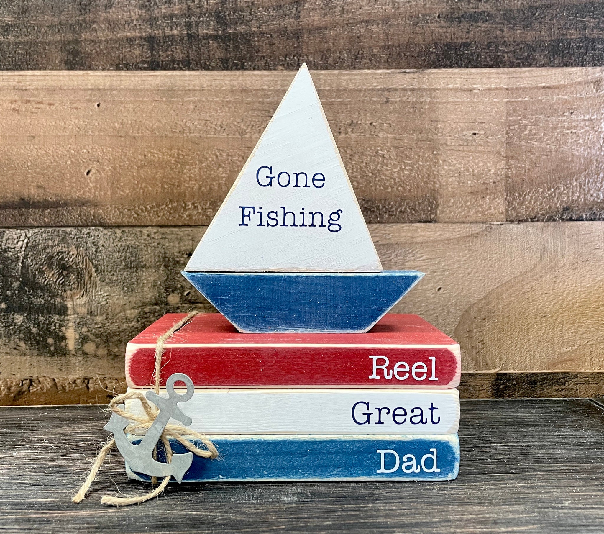 Father's day book stack, Nautical wood sailboat, Gift for dad, Gone fishing boat, Handmade, Lake house, Cottage, Tiered tray decor