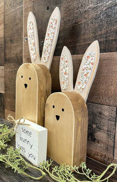 Wood bunnies, Flower nursery decor, Baby shower gift, Tiered tray, Easter basket, Baby keepsake, Nursery shelf sitters