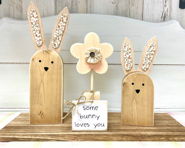 Wood bunnies, Flower nursery decor, Baby shower gift, Tiered tray, Easter basket, Baby keepsake, Nursery shelf sitters