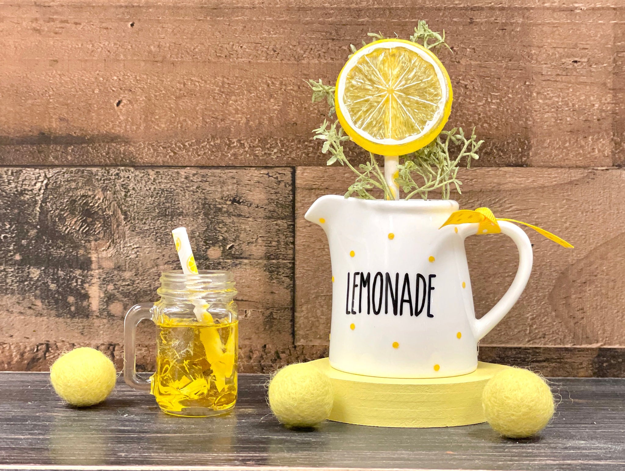 Lemonade pitcher, Summer tiered tray, Faux glass of lemonade, Lemon decor
