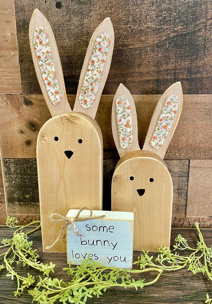 Wood bunnies, Flower nursery decor, Baby shower gift, Tiered tray, Easter basket, Baby keepsake, Nursery shelf sitters