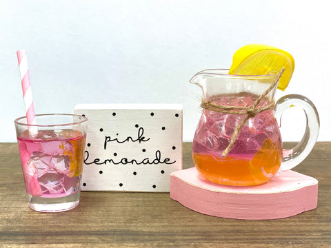 Pink lemonade pitcher and glass, Wooden lemon, Mini pitcher, Tiered tray, Faux glass of lemonade, Summer, Lemon decor, Wooden sign