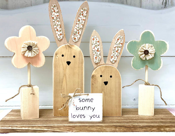 Wood bunnies, Flower nursery decor, Baby shower gift, Tiered tray, Easter basket, Baby keepsake, Nursery shelf sitters