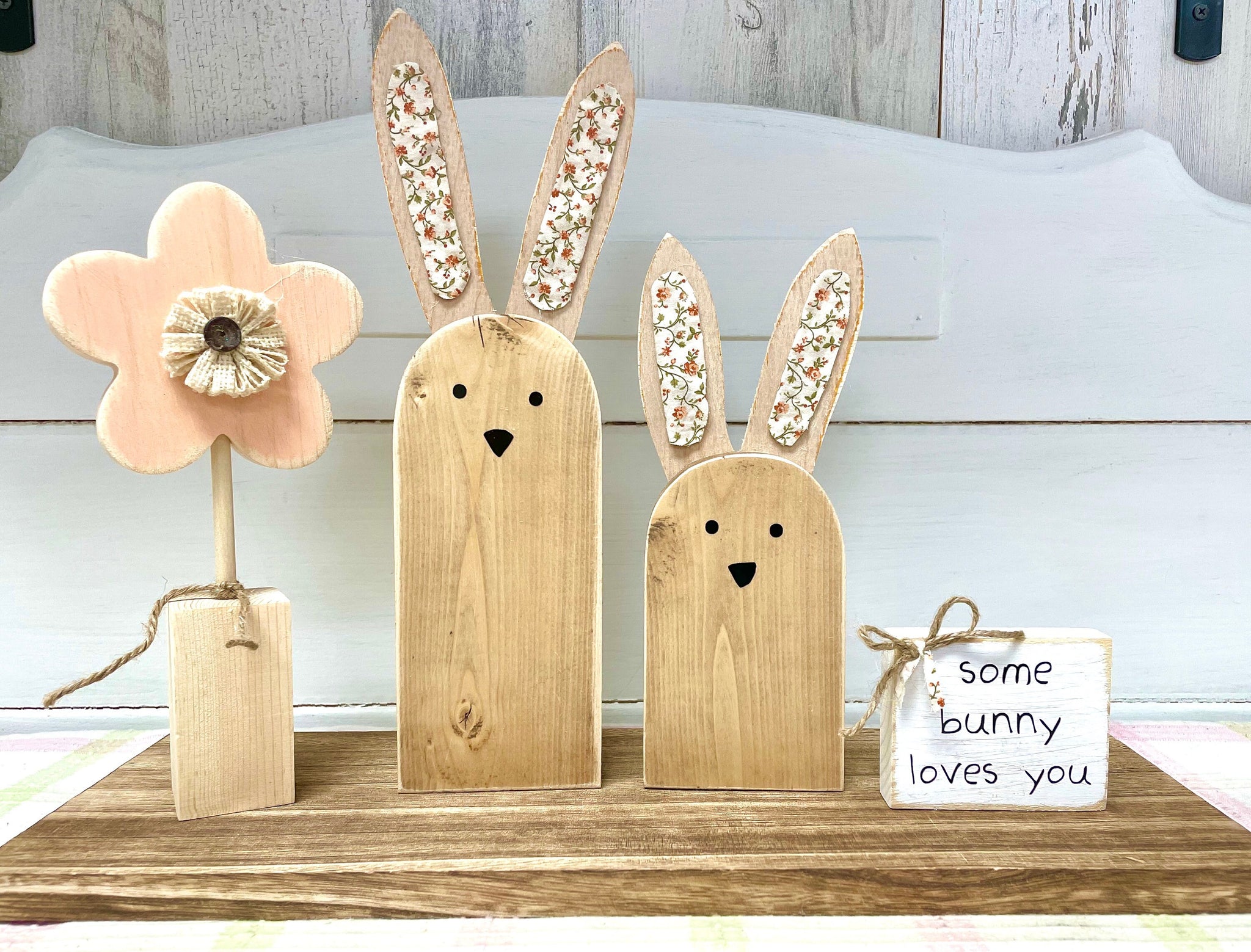 Wood bunnies, Flower nursery decor, Baby shower gift, Tiered tray, Easter basket, Baby keepsake, Nursery shelf sitters