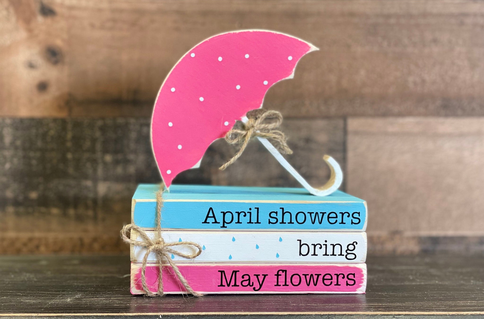 Wood umbrella, mini book stack, Spring decor, April showers bring May flowers, Tiered tray, Hostess gift, Every path has its puddles