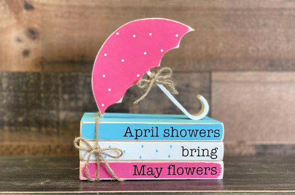 Wood umbrella, mini book stack, Spring decor, April showers bring May flowers, Tiered tray, Hostess gift, Every path has its puddles