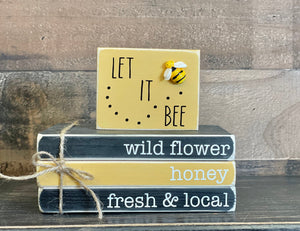 Bee book stack, wildflower honey decor, Let it Bee sign, Summer book bundle, Tiered tray, Wooden sign, Faux books