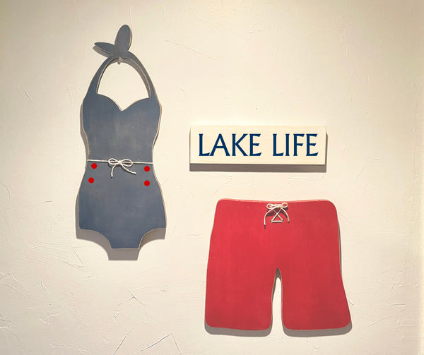 Cottage wall hangings, Retro wood bathing suits, Lake life sign, Pool house, Lake house, Unique cottage wall decor