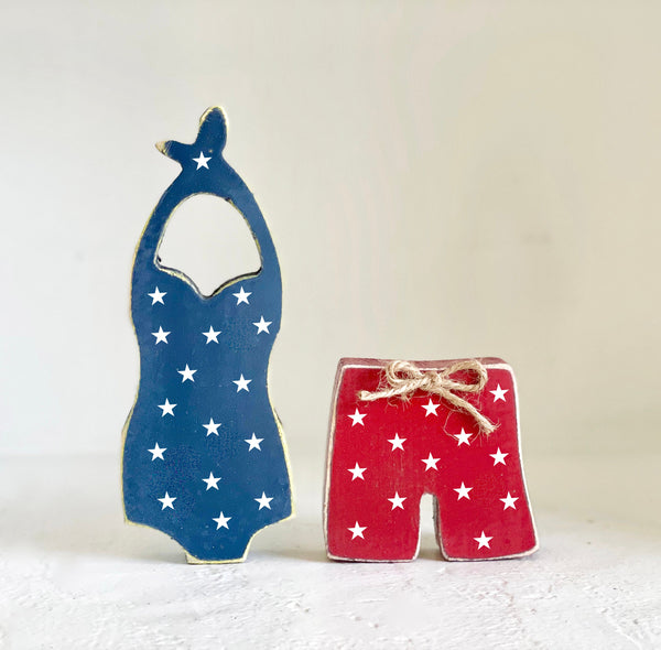 Wood bathing suits for 4th of July, Swim trunks, Tiered tray decor, Summer party decorations, Lake house, Cottage, hostess gift