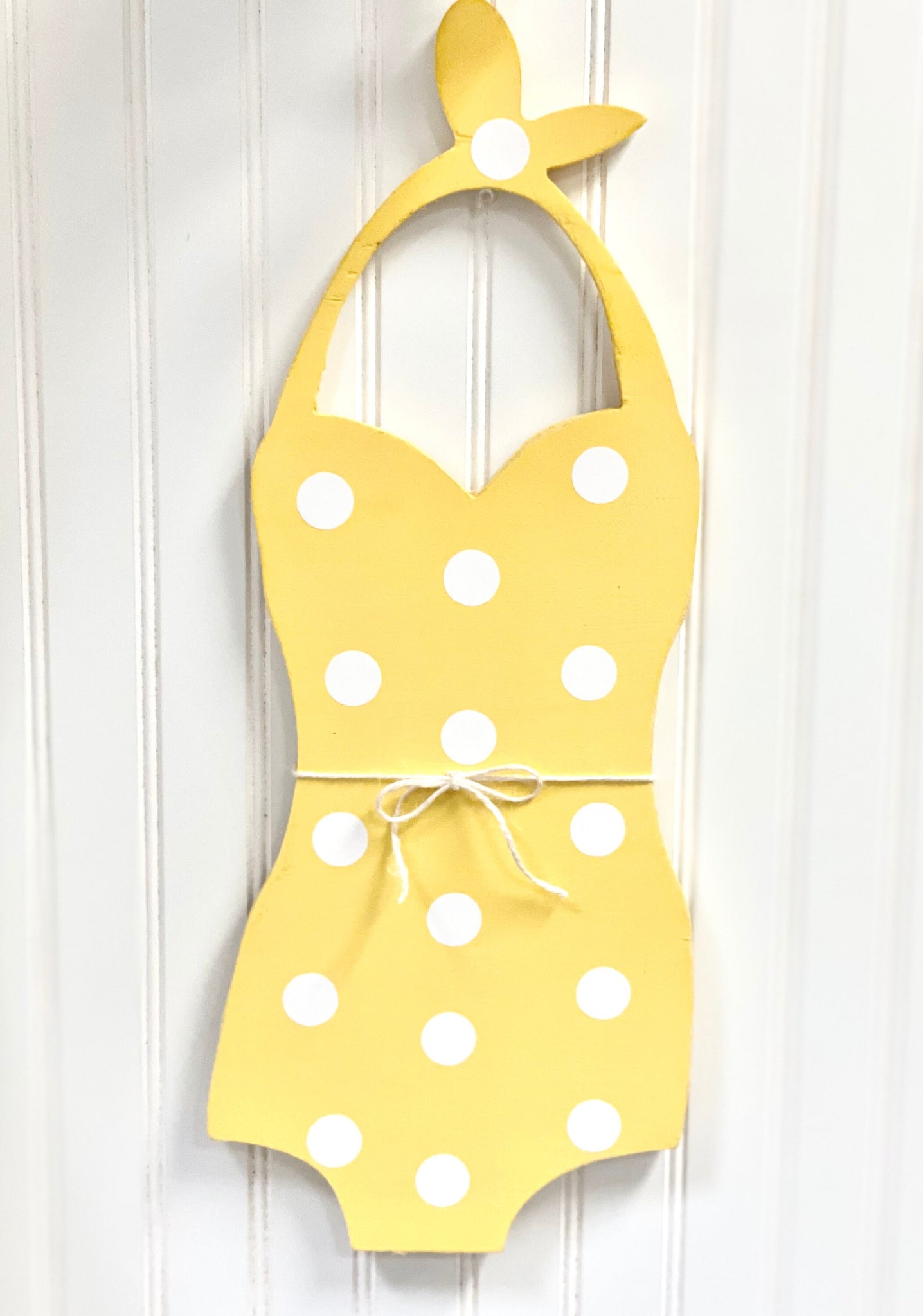 Summer front door decor, Wooden retro bathing suit, Yellow polka dot bikini, Cottage wall hanging, Pool house wall art, Nautical art, Beach