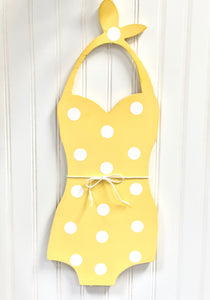Summer front door decor, Wooden retro bathing suit, Yellow polka dot bikini, Cottage wall hanging, Pool house wall art, Nautical art, Beach