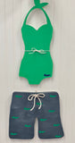 Summer door hanger, Wood bathing suits, Beach wall hangings, Porch decor, Alligator swim trunks, Cottage wall art, Pool house, Preppy decor