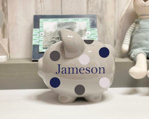 Personalized polka dot piggy bank, Baby boy keepsake, Baby shower gift, Gray ceramic bank, Nursery decor