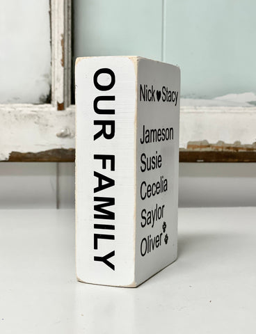 Personalized family book, Kid's names, Wood faux book, Tiered tray decor, Our family wood block, Family keepsake