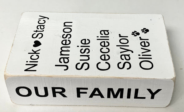 Personalized family book, Kid's names, Wood faux book, Tiered tray decor, Our family wood block, Family keepsake