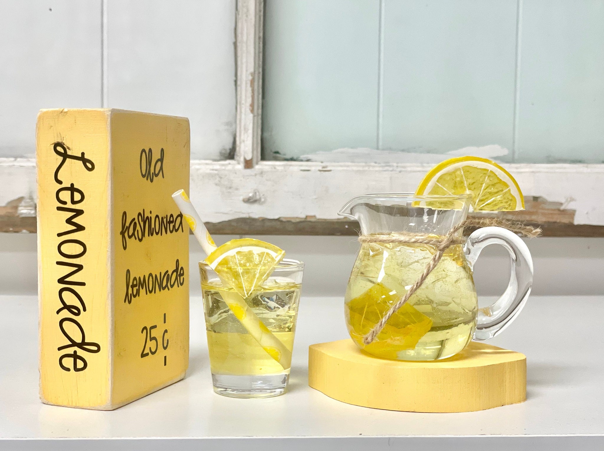 Lemonade pitcher and glass, Wooden lemon, Mini pitcher, Tiered tray, Faux glass of lemonade, Summer, Lemon decor, Wooden book