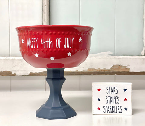 4th of July party decor, God bless America bowl, Memorial day, Glass pedestals, Serving pieces, Tiered tray, Serving bowl, Party centerpiece