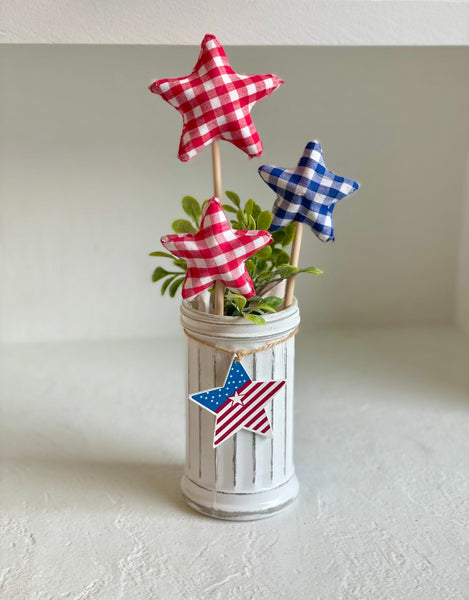 Fourth of July vase with stars, Patriotic floral decor, 4th of July tiered tray, Gingham stars, Glass vase, Party centerpiece, Hostess gift