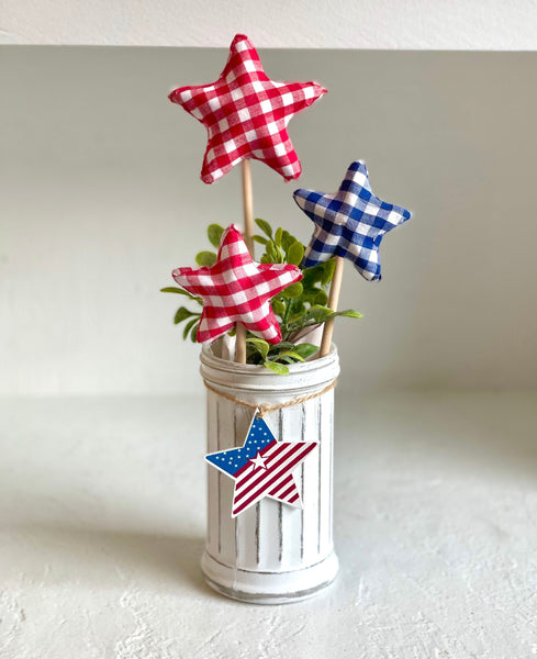 Fourth of July vase with stars, Patriotic floral decor, 4th of July tiered tray, Gingham stars, Glass vase, Party centerpiece, Hostess gift