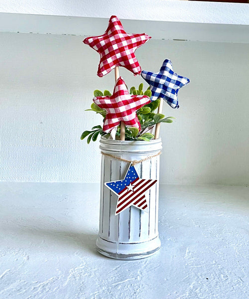 Fourth of July vase with stars, Patriotic floral decor, 4th of July tiered tray, Gingham stars, Glass vase, Party centerpiece, Hostess gift