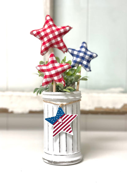 Fourth of July vase with stars, Patriotic floral decor, 4th of July tiered tray, Gingham stars, Glass vase, Party centerpiece, Hostess gift