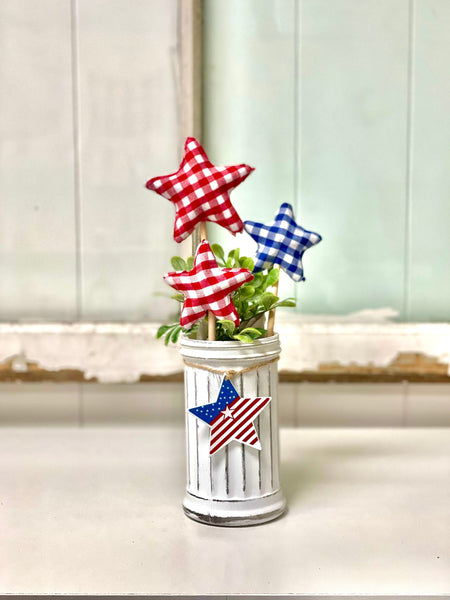 Fourth of July vase with stars, Patriotic floral decor, 4th of July tiered tray, Gingham stars, Glass vase, Party centerpiece, Hostess gift