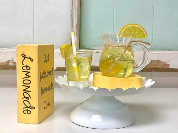 Lemonade pitcher and glass, Wooden lemon, Mini pitcher, Tiered tray, Faux glass of lemonade, Summer, Lemon decor, Wooden book