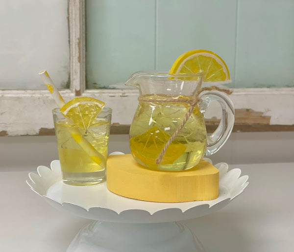 Lemonade pitcher and glass, Wooden lemon, Mini pitcher, Tiered tray, Faux glass of lemonade, Summer, Lemon decor, Wooden book