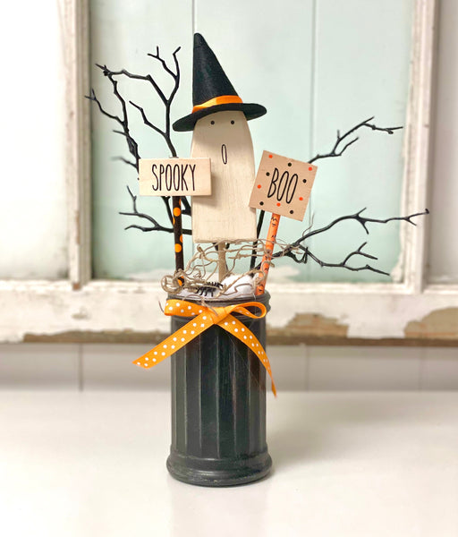 Halloween vase with wood ghost, Black branches, Halloween decor, Tiered tray, Party centerpiece, Halloween tree, Ghost with witch hat