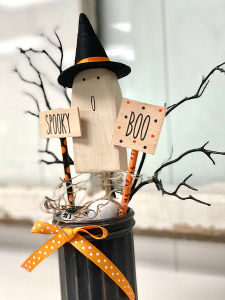 Halloween vase with wood ghost, Black branches, Halloween decor, Tiered tray, Party centerpiece, Halloween tree, Ghost with witch hat