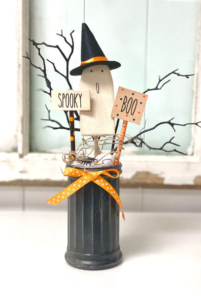 Halloween vase with wood ghost, Black branches, Halloween decor, Tiered tray, Party centerpiece, Halloween tree, Ghost with witch hat