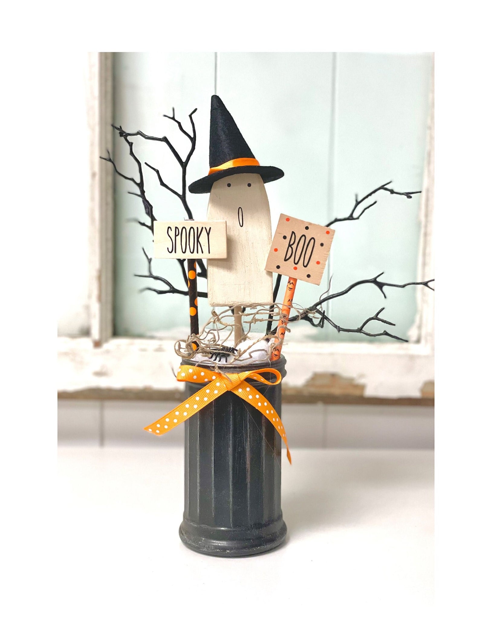 Halloween vase with wood ghost, Black branches, Halloween decor, Tiered tray, Party centerpiece, Halloween tree, Ghost with witch hat