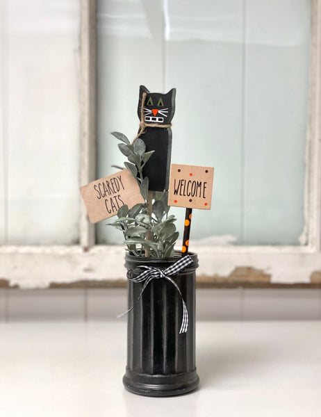 Halloween vase with wood black cat, Halloween decor, Tiered tray, Party centerpiece, Scaredy cats welcome, Halloween signs, Cat decor