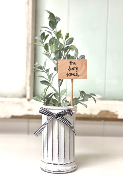 White glass vase with personalized family name, Unique tiered tray decor and personalized sign