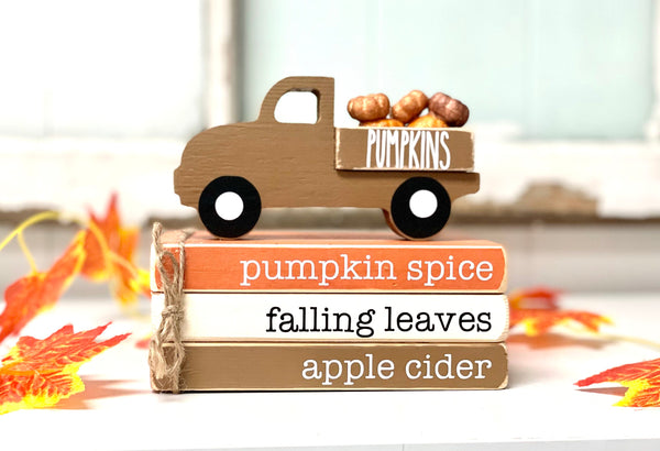 Fall tiered tray decor, Mini book stack with pumpkin truck, Wooden truck with pumpkins