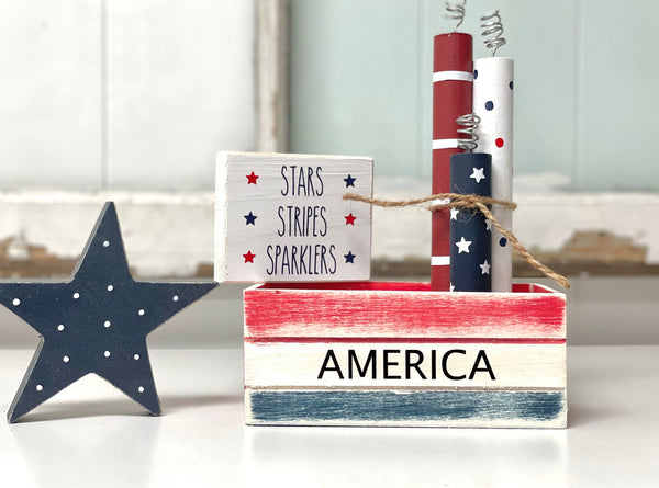 4th of July tiered tray decor, Wooden firecrackers, America wood crate for displays, Wood polka dot star and sign, Memorial day decor