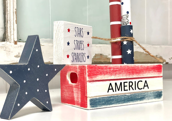 4th of July tiered tray decor, Wooden firecrackers, America wood crate for displays, Wood polka dot star and sign, Memorial day decor