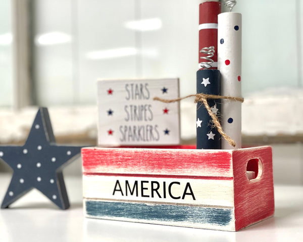 4th of July tiered tray decor, Wooden firecrackers, America wood crate for displays, Wood polka dot star and sign, Memorial day decor