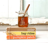 Fall books, Wooden book stack, Fall tiered tray decor, Faux hot cider mug