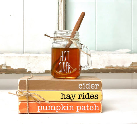 Fall books, Wooden book stack, Fall tiered tray decor, Faux hot cider mug