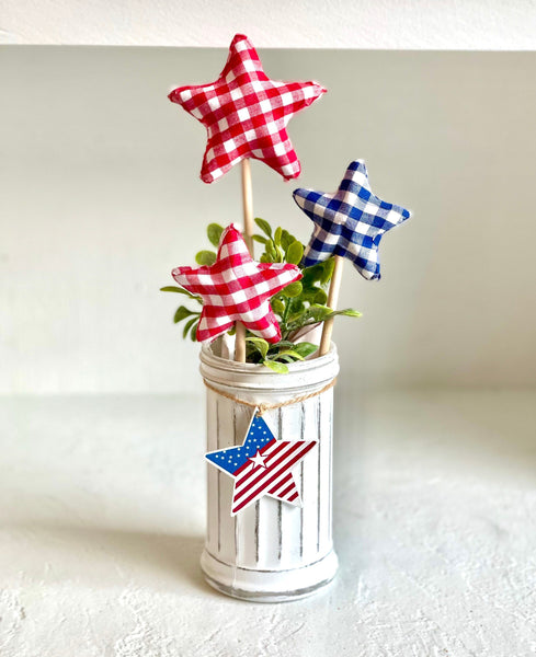 Fourth of July vase with stars, Patriotic floral decor, 4th of July tiered tray, Gingham stars, Glass vase, Party centerpiece, Hostess gift