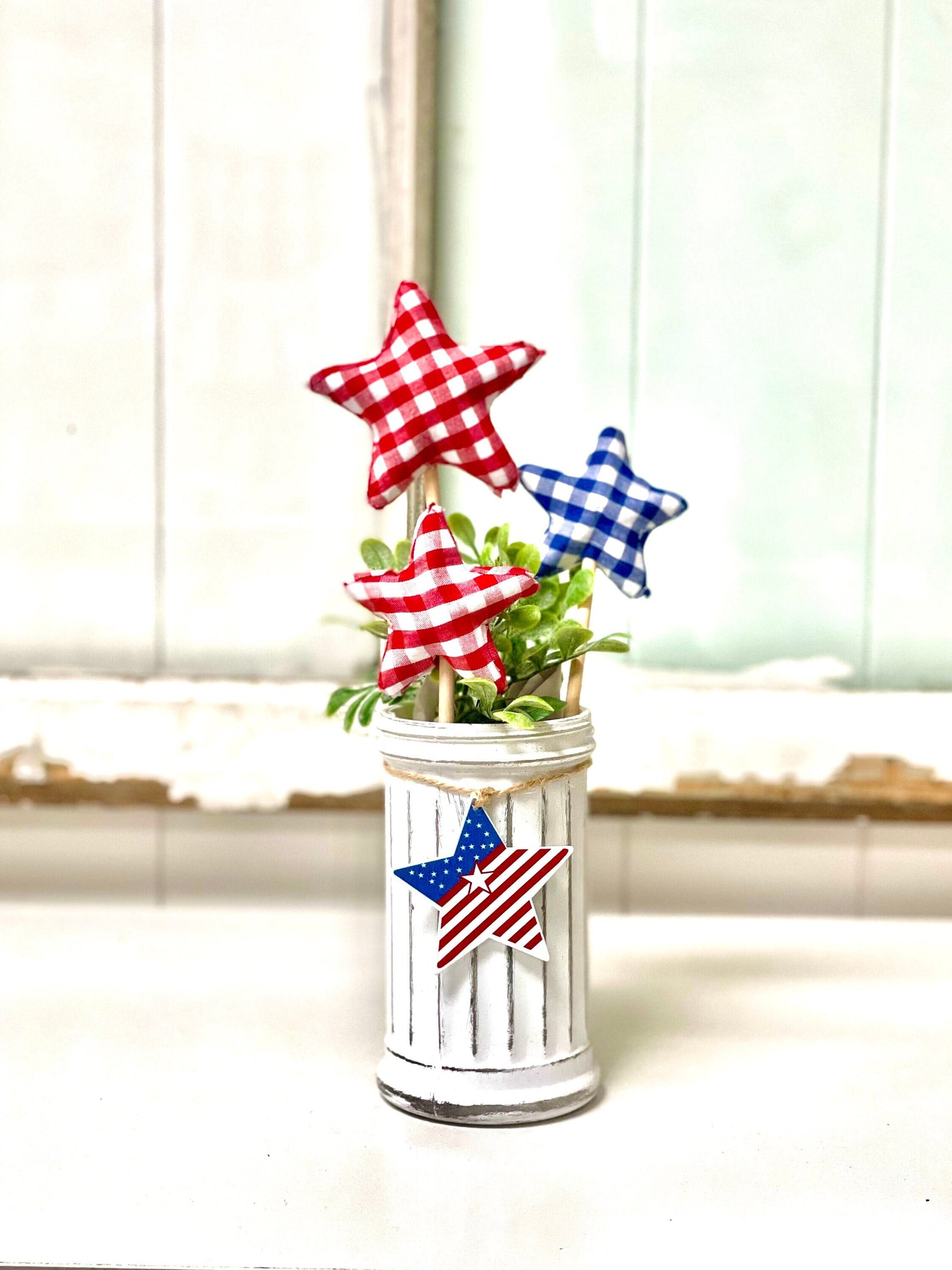 Fourth of July vase with stars, Patriotic floral decor, 4th of July tiered tray, Gingham stars, Glass vase, Party centerpiece, Hostess gift