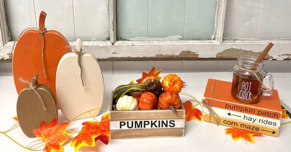 Fall decor bundle, Pumpkin crate, Wooden pumpkins, Faux hot cider, Mini wood book stack